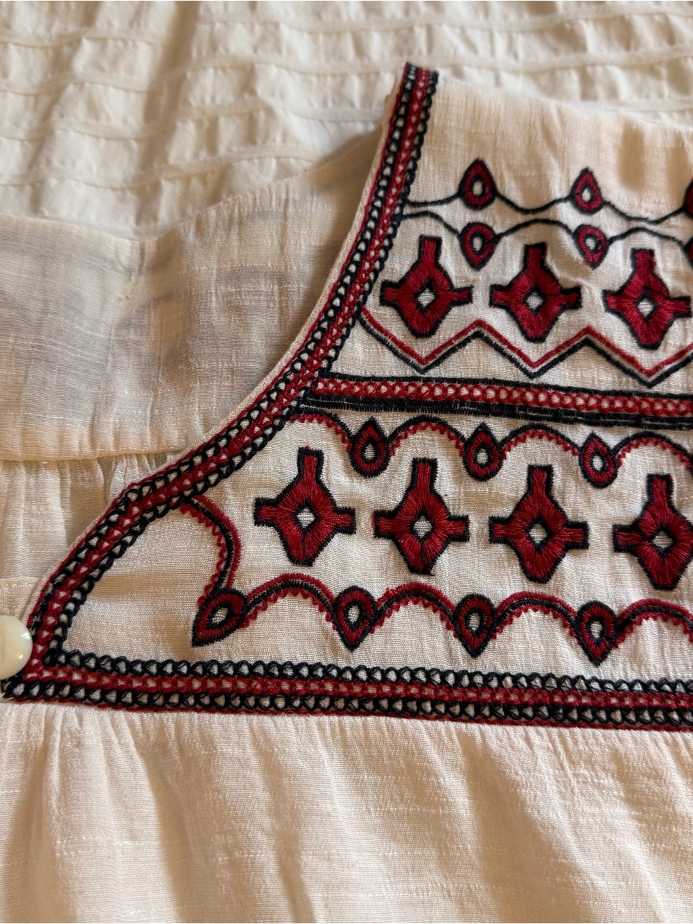 White Sleeveless Tunic Top with Red & Black Embroidery